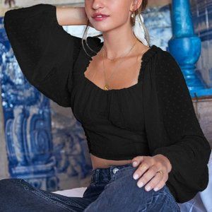 SHEIN Black Lettuce Trim Crop Milkmaid Blouse